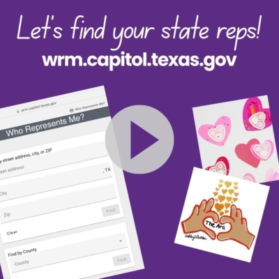 This video thumbnail has a purple background with photos of hearts and a screenshot of a form that says who represents me. At the top is says let’s find your state reps and website wrm.capitol.texas.gov. Click the thumbnail to access the video.